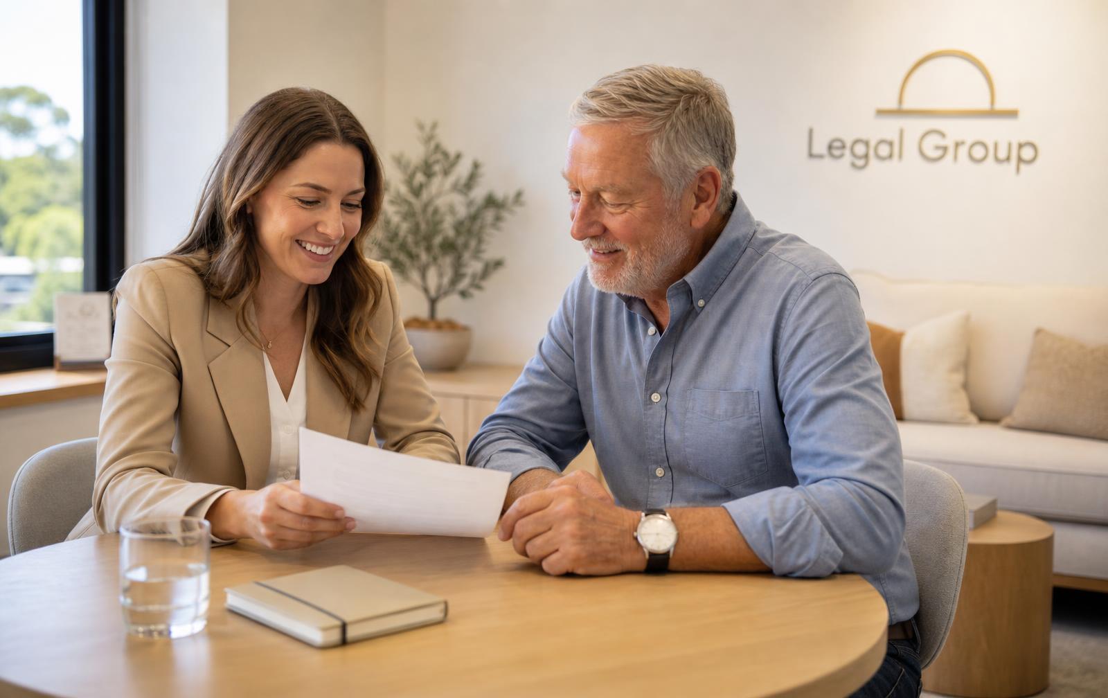 A man and woman talking at a light timber table in a bright, casual office with the Legal Group logo on the wall behind them