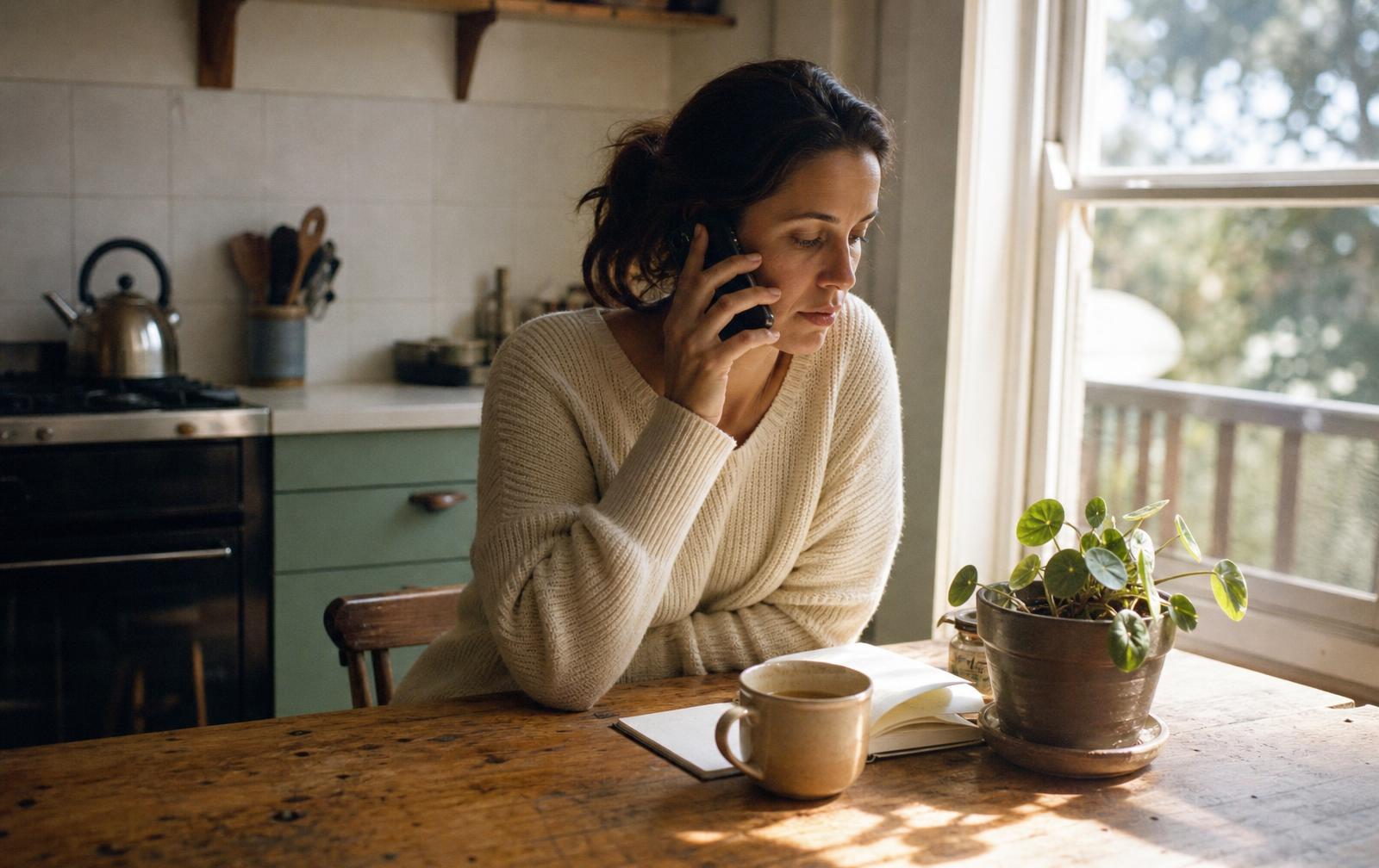 A woman sitting by a sunlit window at home, talking on the phone